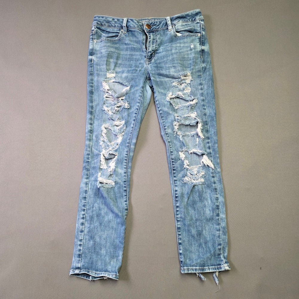 American Eagle Super Stretch Jegging Ankle Jeans Light Wash Distressed Blue 10